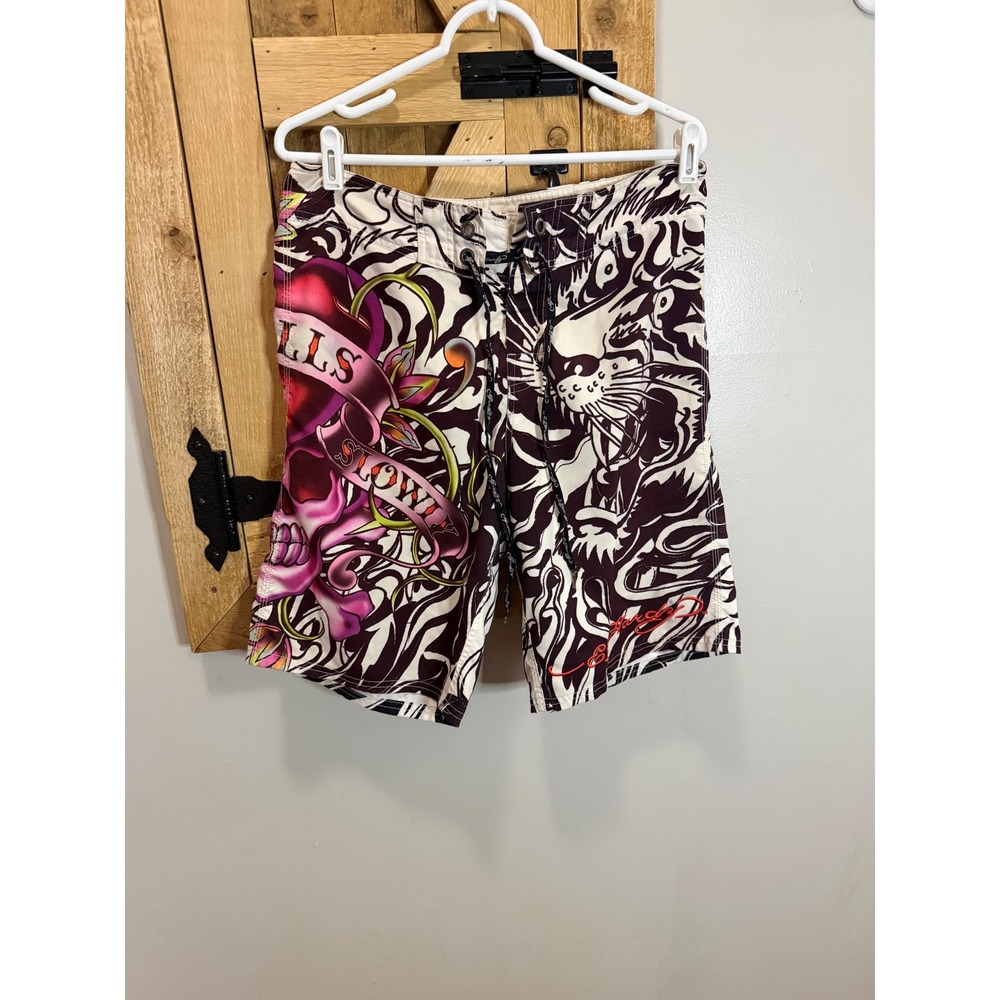 Ed Hardy Mens Board Shorts Skull Heart Tattoo Print Swim Trunks White Maroon 34